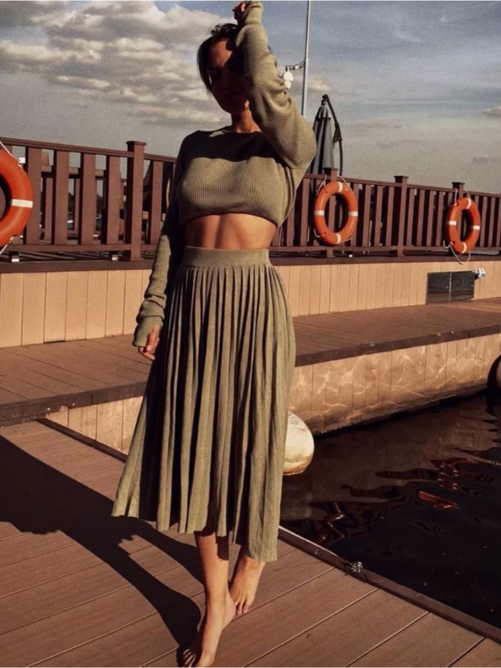 Khaki color High Quality knitted Maxi Pullover dress